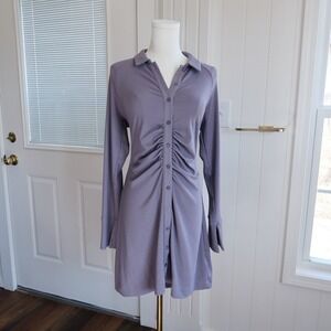 NEW Promesa Womens Ruched Shirt Dress Size L Gray Button Chic Y2K Modern Capsule